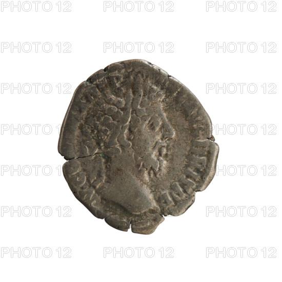 Denarius of Commodus (161–192; Roman emperor 177–192). Obverse: Emperor's head right, wearing a laurel wreath; pearl border. Reverse: MIN VICT PM TR P XIIII COS V DES V — Minerva standing left, holding Victoria in her right hand and a spear in her left, a shield before her and a trophy behind; pearl border. Roman Empire (27 BC–476), Rome; coin, weight 2.48 g; axis 180°.