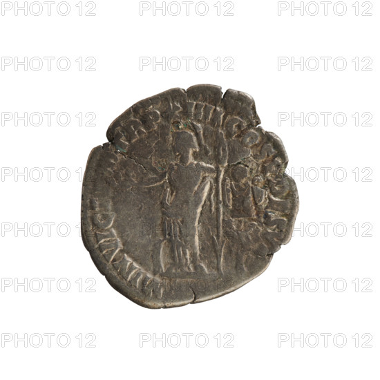 Denarius, Commodus (161–192 CE; Roman emperor 177–192). Obverse: Emperor's head right, laurel wreath; pearl border; legend 'M COMM ANT P FEL AVG BRIT PP'. Reverse: Minerva standing left, holding Victoria in her right hand and a spear in her left, shield in front, trophy behind; pearl border; legend 'MIN VICT PM TR P XIIII COS V DES V'. Roman Empire (27 BC–476), Rome; coin; weight 2.48 g; axis 180°.