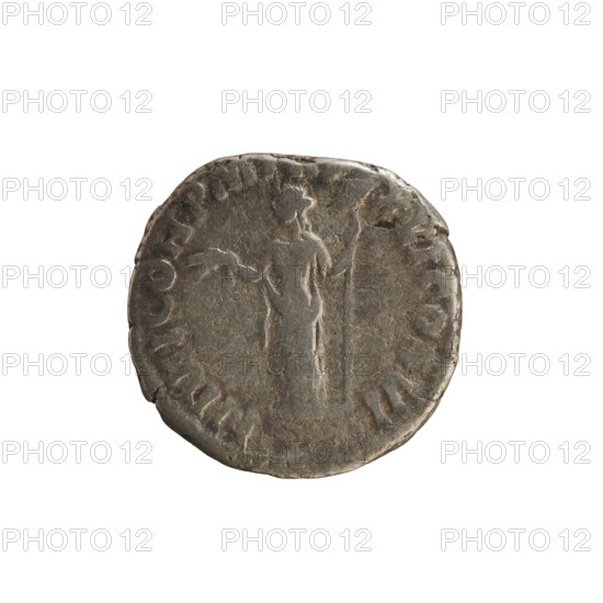 Denarius of Commodus (reigned 177–192 AD), 190–191. Silver coin (weight 2.68 g). Obverse: laureate bust of the emperor right, legend 'M·COMM·AN EL AVG BR' (pearl border). Reverse: FIDES standing left, holding ears of corn in her right raised hand and a standard in her left, legend 'FIDEI COH PM XVI COS VI F' (pearl border). Iconography: imperial busts; ears of corn (attribute); banner (attribute); personification Fides. Hoard find: Golub. Roman Empire, Rome.