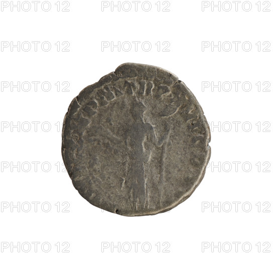 Denarius of Commodus (reigned 177–192 AD), 190–191. Obverse: Emperor's head right, wearing a laurel wreath; inscription 'M COMM BRIT PP'. Reverse: Fides (Fidelity) standing left, holding ears of corn in her right hand and a standard in her left; inscription 'PM TR P XVI COS'. Roman imperial silver coin (denarius), weight 2.46 g, axis 180°.