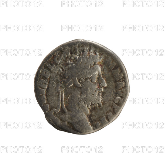 Denarius of Commodus (reigned 177–192). Obverse: laureate imperial bust right; legend L AVREL CO MM AVG P FEL. Reverse: Commodus standing left holding a cornucopia, giving his hand to Felicitas standing before him holding a scepter; partial legend FELIC PER PETVAE AVG. Roman, 191–192 CE. Silver, weight 3.36 g. Subjects/attributes: Commodus, imperial busts, Felicitas, cornucopia, emperor shaking hands with Felicitas; hoard find context (Golub).