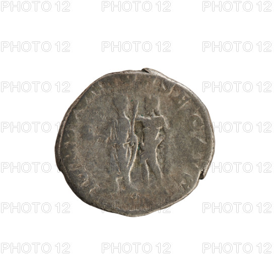 Denarius of Commodus (reigned 177–192). Obverse: Emperor's head right, wearing a laurel wreath (legend: CO[M?] M AVG P FEL). Reverse: Emperor standing facing left, holding an orb and scepter; behind him stands Jupiter with a thunderbolt, placing his hand on the emperor's shoulder (legend: IOM SPONSOR SEC AVG, barely legible). Dated 191–192 CE. Roman Empire; Rome. Silver coin (denarius), weight 2.89 g; axis 180°. Iconography: imperial bust; Jupiter (mythology); thunderbolt attribute.