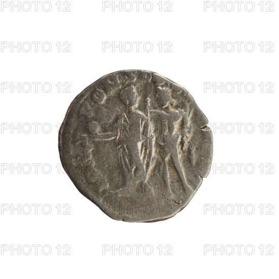 Denarius, Commodus (161–192; Roman emperor 177–192). Obverse: L AEL AVREL CO MM AVG P FEL — Emperor's head right, laurel wreath; pearl border. Reverse: IOMS PONSO — Emperor stands facing left holding an orb and scepter; behind him stands Jupiter with a thunderbolt, placing his hand on the emperor's shoulder; pearl border. Iconography: emperor and standing Jupiter, thunderbolt (attribute), imperial busts. Date: 191–192 CE. Roman Empire (27 BC–476). Rome. Coin; weight 2.83 g; axis 180°.
