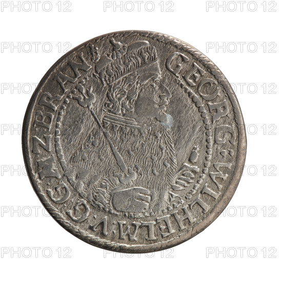 Obv. Bust facing right in mitre and electoral mantle. A sceptre in his right hand, the left resting on a sword hilt. The figure's head divides the inner border. On the rim between the borders is an inscription ending with a heart GEORG:WILHELM:V:G:G:M:Z:BRAN. Rev. Below the ducal mitre, a five-field coat of arms with ornaments. On the sides of the shield are the numerals of the dates 2-4. In the rim between the borders, an inscription divided by a mitre D.HRRERTZ.CVCHVRF.IPZGCBH, 1624. George William Hohenzollern (Elector of Brandenburg; Duke of Prussia; 1620–1640). Ducal Prussia (1525–1701), Königsberg. Coin: diameter 32.0 mm, weight 7.14 g, axis 0°.