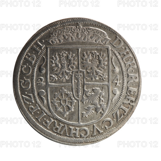 Obv. Bust facing right in mitre and electoral mantle. A sceptre in his right hand, the left resting on a sword hilt. The figure's head divides the inner border. On the rim between the borders is an inscription ending with a heart GEORG:WILHELM:V:G:G:M:Z:BRAN. Rev. Below the ducal mitre, a five-field coat of arms with ornaments. On the sides of the shield are the numerals of the dates 2-4. In the rim between the borders, an inscription divided by a mitre D.HRRERTZ.CVCHVRF.IPZGCBH, 1624. Ducal Prussia (1525–1701), Königsberg. Coin; diameter 32.0 mm; weight 7.14 g; axis 0°.