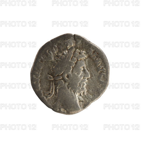 Denarius of Commodus (emperor 177–192). Obverse: bust of the emperor right, with laurel wreath, legend AVREL CO M AVG. Reverse: legend S PONSOR SEC AVG; the emperor stands facing left, holding an orb and scepter; behind him stands Jupiter holding a thunderbolt and placing his hand on the emperor's shoulder. Pearl border. Date: 191–192. Roman Empire (27 BC–476). Coin; weight 2.32 g.