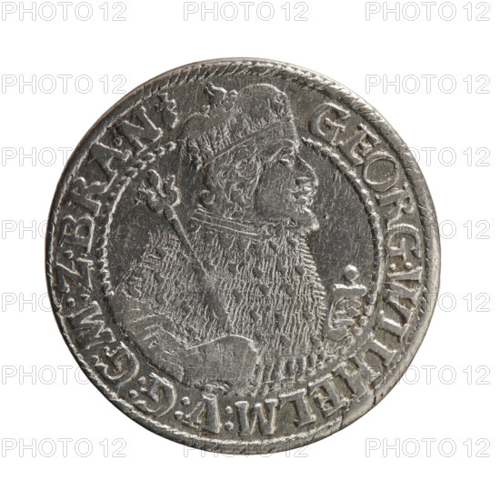 Obv. Male bust facing right in mitre and electoral mantle; a sceptre in his right hand, left resting on a sword hilt; figure's head divides the inner border. In the rim between the borders an inscription ending with a heart GEORG:WILHELM:V:G:G:M:Z:BRAN. Rev. Below the ducal mitre, a five-field coat of arms with ornaments; on the sides of the shield are the date numerals 2-3. In the rim between the borders an inscription divided by a mitre D:H:R:R:ERT:C:V:CHVRF:I:P:ZG:C:B:H:. 1623. George William Hohenzollern (Elector of Brandenburg; Duke of Prussia; 1620–1640). Königsberg, Ducal Prussia (1525–1701). Coin; diameter 30.0 mm; weight 6.20 g; axis 0°.
