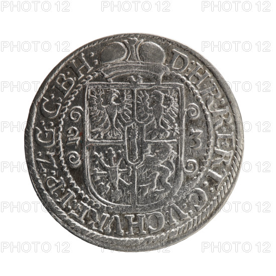 Male bust in armor; obverse: bust facing right in mitre and electoral mantle, sceptre in right hand, left resting on sword hilt; figure's head divides the inner border; rim inscription ending with a heart GEORG:WILHELM:V:G:G:M:Z:BRAN. Reverse: below the ducal mitre a five-field coat of arms with ornaments; date numerals 2-3 on sides of the shield; rim inscription divided by a mitre D:H:R:R:ERT:C:V:CHVRF:I:P:ZG:C:B:H:. 1623. Königsberg, Ducal Prussia (1525–1701). Coin; diameter 30.0 mm; weight 6.20 g; axis 0°.