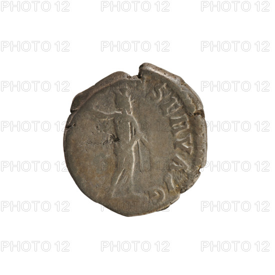 Denarius, Commodus (161–192; Roman emperor 177–192). Obverse: emperor's head right, with a laurel wreath, inscribed 'EL AVREL C'. Reverse: Serapis wearing a radiant crown, standing facing left, holding a branch and a scepter, inscribed 'SERV AVG'. Pearl border. Hoard from Golub; treasure. Iconography: Serapis (mythology), imperial busts, sceptre and branch attributes. Date: 191–192. Roman Empire (27 BC–476). Rome. Coin; weight 3.23 g.