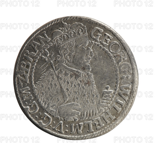 Obv. Bust facing right in mitre and electoral mantle. A sceptre in his right hand, the left resting on a sword hilt. The figure's head divides the inner border. In the rim between the borders the inscription GEORG:WILHELM:V:G:G:M:Z:BRAN. Rev. Below the ducal mitre is a five-field coat of arms with ornaments. On the sides of the shield are the date numerals, -3. In the rim between the borders an inscription divided by a mitre D:H:R:R:ERT:C:V:CHVRF:I:P:Z:G:C:B:H:. 1623. Ducal Prussia (1525–1701), Königsberg. Coin: diameter 32.0 mm, weight 7.35 g, axis 0°.