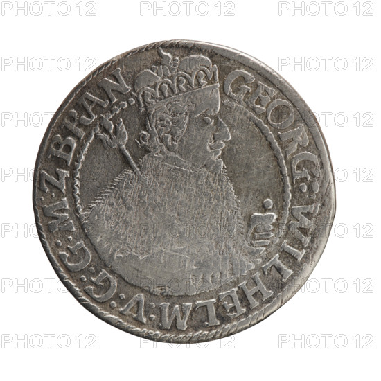 Obv. Bust facing right in mitre and electoral mantle. A sceptre in the right hand, the left resting on a sword hilt. The figure's head divides the inner border. On the rim between the borders is an inscription ending with a heart GEORG:WILHELM:V:G:G:M:Z. Rev. Under the ducal mitre, a five-field coat of arms with ornaments. On the sides of the shield are the numerals of the dates 2-3. In the rim between the borders an inscription divided by a mitre D:H:R:R:ERT:C:V:CHVRF:I:P:Z:G:C:B:H, 1623. Ducal Prussia (1525–1701), Königsberg; coin. Diameter 30.0 mm, weight 6.45 g, axis 0°.