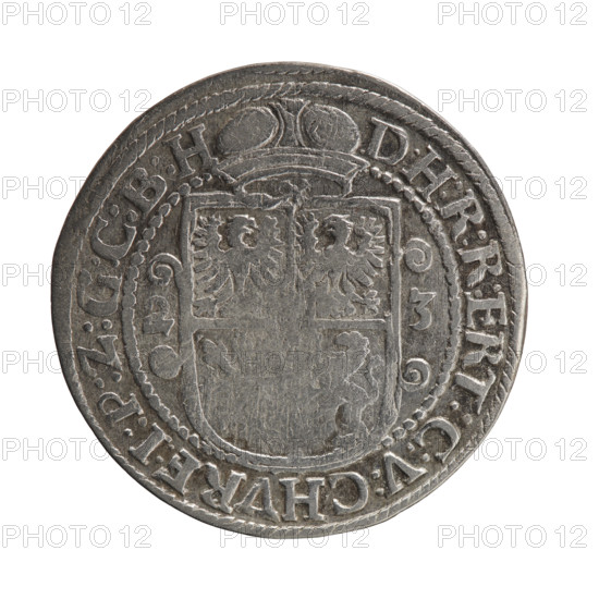 Obv. Bust facing right in mitre and electoral mantle. A sceptre in the right hand, the left resting on a sword hilt. The figure's head divides the inner border. On the rim between the borders is an inscription ending with a heart GEORG:WILHELM:V:G:G:M:Z. Rev. Under the ducal mitre, a five-field coat of arms with ornaments. On the sides of the shield are the numerals of the dates 2-3. In the rim between the borders an inscription divided by a mitre D:H:R:R:ERT:C:V:CHVRF:I:P:Z:G:C:B:H, 1623. Ducal Prussia (1525-1701), Königsberg. Coin: diameter 30.0 mm, weight 6.45 g, axis 0 deg.