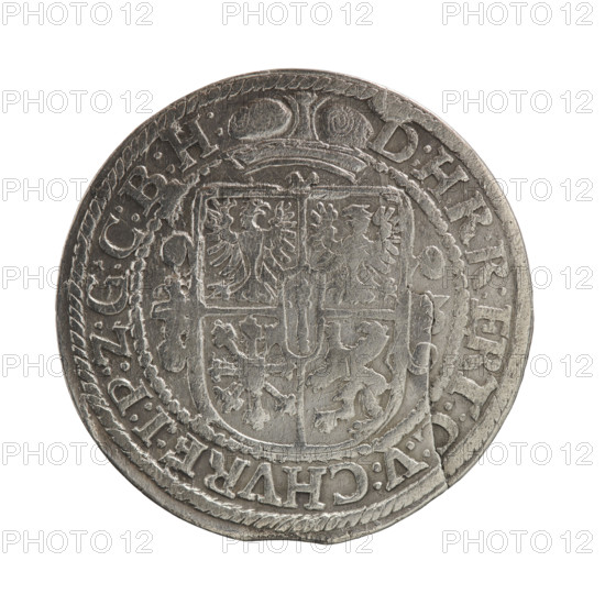 Obv. Bust facing right in mitre and electoral mantle. A sceptre in his right hand, the left resting on a sword hilt. The figure's head divides the inner border. In the rim between the borders the inscription GEORG:WILHELM:V:G:, M:Z, BRAN Rw. Below the ducal mitre is a five-field coat of arms with ornaments. On the sides of the shield are the date numerals, -3. In the rim between the borders an inscription divided by a mitre D:H:R:R:ERT:C:V:CHVRF:I:P:Z:G:C:B:H:, 1623. George William Hohenzollern (Elector of Brandenburg; Duke of Prussia; 1620–1640). Ducal Prussia (1525–1701), Königsberg. Coin: diameter 30.0 mm, weight 5.87 g, axis 0°.