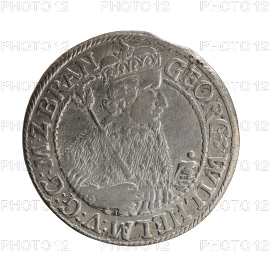Obv. Bust facing right in mitre and electoral mantle. A sceptre in his right hand, the left resting on a sword hilt. The figure's head divides the inner border. In the rim between the borders the inscription GEORG:WILHELM:V:G:G:M:Z BRAN. Rev. Below the ducal mitre is a five-field coat of arms with ornaments. On the sides of the shield are the numerals and dates 2-3. In the rim between the borders an inscription divided by a mitre D H:R:R:ERT:C:V:CHVRF:I:P:Z:G:C:B:H, 1623. George William Hohenzollern (Elector of Brandenburg; Duke of Prussia; 1620-1640). Ducal Prussia (1525-1701), Königsberg. Coin: diameter 32.0 mm, weight 6.81 g, axis 0°.