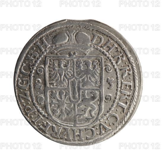 Obv. Bust facing right in mitre and electoral mantle. A sceptre in his right hand, the left resting on a sword hilt. The figure's head divides the inner border. In the rim between the borders is the inscription GEORG:WILHELM:V:G:G:M:Z BRAN. Rev. Below the ducal mitre is a five-field coat of arms with ornaments. On the sides of the shield are the numerals and dates 2-3. In the rim between the borders an inscription divided by a mitre D H:R:R:ERT:C:V:CHVRF:I:P:Z:G:C:B:H, 1623. George William Hohenzollern (Elector of Brandenburg; Duke of Prussia; 1620–1640). Ducal Prussia (1525–1701), Königsberg. Coin; diameter 32.0 mm, weight 6.81 g, axis 0°.