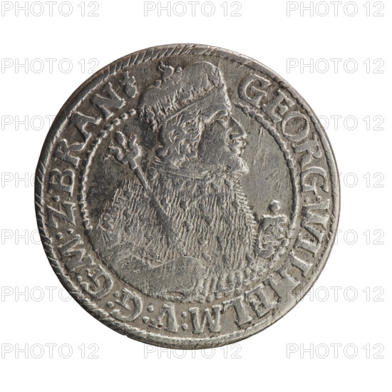 male bust in armor, coats of arms, George William Hohenzollern (Elector of Brandenburg; Duke of Prussia; 1620-1640) - iconography. Obv. Bust facing right in mitre and electoral mantle. A sceptre in his right hand, the left resting on a sword hilt. The figure's head divides the inner border. On the rim between the borders is an inscription ending with a heart GEORG:WIL, ELM:V:G:G:M:Z:BRAN. Rev. Below the ducal mitre, a five-field coat of arms with ornaments. On the sides of the shield are the date numerals 2-3. In the rim between the borders an inscription divided by a mitre D:H:R:R:ERT:C:V:CHVRF:I:P:Z:G:C:B:H:, 1623. Ducal Prussia (1525-1701), Königsberg; coin: diameter 30.0 mm, weight 6.33 g, axis 0 deg.