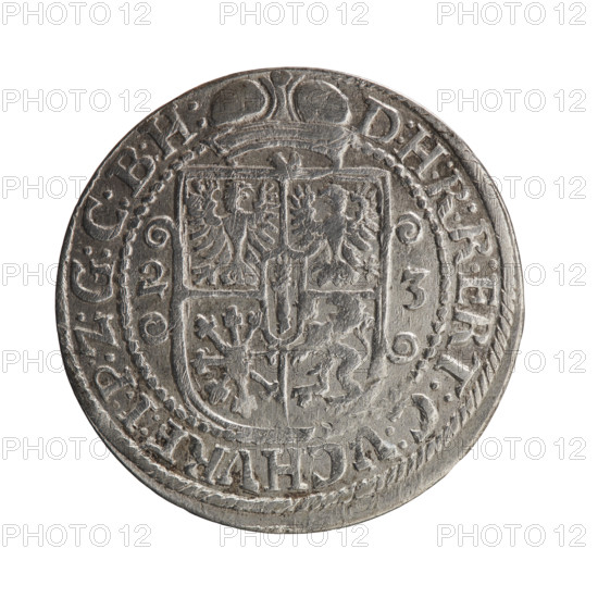 Obv. Male bust facing right in mitre and electoral mantle. A sceptre in his right hand, the left resting on a sword hilt. The figure's head divides the inner border. On the rim between the borders is an inscription ending with a heart GEORG:WIL, ELM:V:G:G:M:Z:BRAN. Rev. Below the ducal mitre, a five-field coat of arms with ornaments. On the sides of the shield are the date numerals 2-3. In the rim between the borders an inscription divided by a mitre D:H:R:R:ERT:C:V:CHVRF:I:P:Z:G:C:B:H:, 1623. George William Hohenzollern (Elector of Brandenburg; Duke of Prussia; 1620–1640). Ducal Prussia (1525–1701), Königsberg. Coin; diameter 30.0 mm; weight 6.33 g; axis 0°.