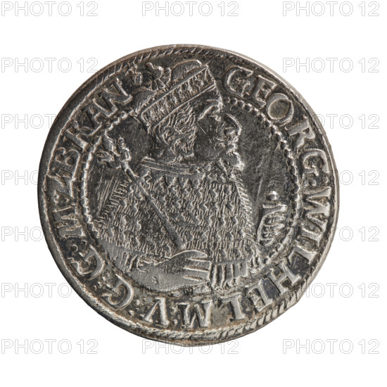 Obv. Bust facing right in mitre and electoral mantle. In the right hand a sceptre, the left resting on a sword hilt. The figure's head divides the inner border. In the rim between the borders an inscription ending with a heart GEORG:WILHELM:V:G:G:M, BRAN. Rev. Under the ducal mitre a five-field coat of arms with ornaments. On the sides of the shield are the numerals of the dates 2-3. In the rim between the borders an inscription divided by a mitre :D:H:R:R:ERT:C:V:CHVRF:I:P:Z:G:C:B:H, 1623. George William Hohenzollern (Elector of Brandenburg; Duke of Prussia; 1620–1640). Ducal Prussia (1525–1701), Königsberg. Coin; diameter 30.0 mm, weight 6.38 g, axis 0°.