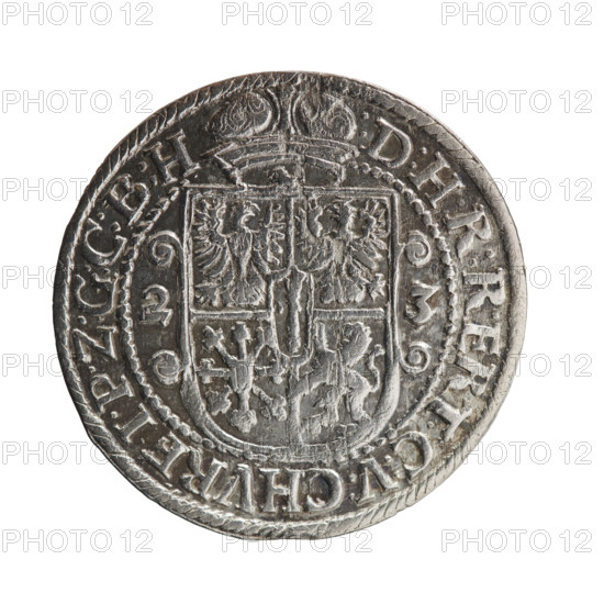 Obv. Bust facing right in mitre and electoral mantle. In the right hand a sceptre, the left resting on a sword hilt. The figure's head divides the inner border. In the rim between the borders an inscription ending with a heart GEORG:WILHELM:V:G:G:M, BRAN. Rev. Under the ducal mitre a five-field coat of arms with ornaments. On the sides of the shield are the numerals of the dates 2-3. In the rim between the borders an inscription divided by a mitre :D:H:R:R:ERT:C:V:CHVRF:I:P:Z:G:C:B:H. 1623. Ducal Prussia (1525–1701), Königsberg. Coin; diameter 30.0 mm; weight 6.38 g; axis 0°.