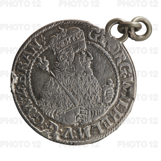 Obv. Bust facing right in mitre and electoral mantle. A sceptre in the right hand, the left resting on a sword hilt. The figure's head divides the inner border. On the rim between the borders is an inscription ending with a heart G, RG:, LHELM:V, :G:M:Z:BRAN Rw. Under the ducal mitre, a five-field coat of arms with ornaments. On the sides of the shield are the date numerals 2-3. In the rim between the borders an inscription divided by a mitre :D:H:R:R:ERT:C:V:CHVRF:I:P:Z:G:C:, 1623. Ducal Prussia (1525–1701), Königsberg. Coin: diameter 30.0 mm (33.7 mm with lug), weight 7.07 g, axis 0°.