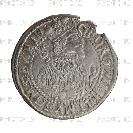 Counterfeit coin (from the period), 1624. Obverse: Bust facing right in mitre and electoral mantle, sceptre in right hand, left resting on a sword hilt; figure's head divides the inner border. Rim inscription GE,ORGWI.L:HEL:MV.G.GM.ZBR:A:Nx. Below the ducal mitre is a five-field coat of arms with ornaments; date numerals 4-2 on the sides of the shield. Rim inscription divided by a mitre and terminating in a hallmark (cornflower) D.H:R:RER:T:CVC:HV:R:FI:P.ZGG:B:H:. Subject: George William of Hohenzollern (Elector of Brandenburg; Duke of Prussia; 1620–1640) — iconography. Ducal Prussia (1525–1701), Königsberg. Coin; diameter 38.0 mm, weight 5.41 g, axis 0°. Maker: Pfahler, Ernest (for the original).