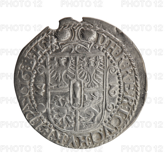 Ort forgery from the period, Pfahler, Ernest (for the original). Coats of arms, male bust in armor: George William of Hohenzollern (Elector of Brandenburg; Duke of Prussia; 1620–1640) — iconography. Obv.: Bust facing right in mitre and electoral mantle, holding a sceptre in his right hand, left resting on a sword hilt; the figure's head divides the inner border. In the rim between the borders: inscription GE.ORGWI.L:HEL:MV.G.GM.ZBR:A:Nx. Rev.: Below the ducal mitre is a five-field coat of arms with ornaments; on the sides of the shield are the date numerals 4-2. In the rim between the borders an inscription divided by a mitre and terminating in a hallmark (cornflower) D.H:R:RER:T:CVC:HV:R:FI:P.ZGG:B:H:. Date: 1624. Place: Ducal Prussia (1525–1701), Königsberg. Object: coin, counterfeit (from the period). Measurements: diameter 38.0 mm, weight 5.41 g, axis 0°.