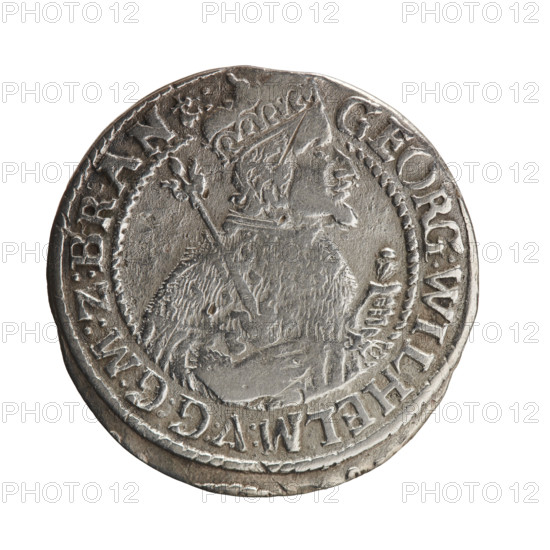 Obv. Bust facing right in mitre and electoral mantle. A sceptre in his right hand, the left resting on a sword hilt. The figure's head divides the inner border. On the rim between the borders is an inscription ending with a heart GEORG:WILHELM:V:G:G:M:Z:BRAN. Rev. Below the ducal mitre, a five-field coat of arms with ornaments. On the sides of the shield are the numerals of the dates 2-4. In the rim between the borders an inscription divided by a mitre D:H:R:R:ERT:C:V:CHVRF:I:P:Z:G:C:B:H:. 1624. George William Hohenzollern (Elector of Brandenburg; Duke of Prussia; 1620–1640). Königsberg, Ducal Prussia (1525–1701). Coin; diameter 32.0 mm; weight 5.85 g; axis 0°.