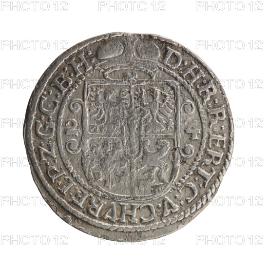 Obv. Bust facing right in mitre and electoral mantle. A sceptre in his right hand, the left resting on a sword hilt. The figure's head divides the inner border. On the rim between the borders is an inscription ending with a heart GEORG:WILHELM:V:G:G:M:Z:BRAN. Rev. Below the ducal mitre, a five-field coat of arms with ornaments. On the sides of the shield are the numerals of the dates 2-4. In the rim between the borders an inscription divided by a mitre D:H:R:R:ERT:C:V:CHVRF:I:P:Z:G:C:B:H:. 1624. George William Hohenzollern (Elector of Brandenburg; Duke of Prussia; 1620–1640). Königsberg, Ducal Prussia (1525–1701). Coin; diameter 32.0 mm; weight 5.85 g; axis 0°.