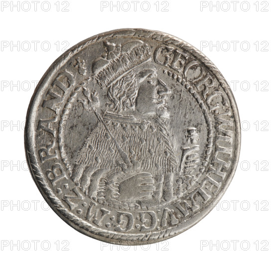 Obv. Bust facing right in mitre and electoral mantle. A sceptre in his right hand, the left resting on a sword hilt. The figure's head divides the inner border. On the rim between the borders is an inscription ending with a heart GEORG:WILHELM:V:G:G:M:Z:BRAND. Rev. Below the ducal mitre, a five-field coat of arms with ornaments. On the sides of the shield are the numerals of the dates 2-4. In the rim between the borders an inscription divided by a mitre D:H:R:R:ERT:C:V:CHVRF:I:P:Z:G:C:B:H. 1624. George William Hohenzollern (Elector of Brandenburg; Duke of Prussia; 1620–1640). Ducal Prussia (1525–1701), Königsberg. Coin; diameter 33.0 mm; weight 7.61 g; axis 0°.