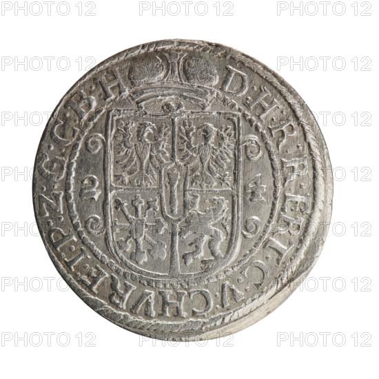Obv. Bust facing right in mitre and electoral mantle. A sceptre in his right hand, the left resting on a sword hilt. The figure's head divides the inner border. On the rim between the borders is an inscription ending with a heart GEORG:WILHELM:V:G:G:M:Z:BRAND. Rev. Below the ducal mitre, a five-field coat of arms with ornaments. On the sides of the shield are the numerals of the dates 2-4. In the rim between the borders an inscription divided by a mitre D:H:R:R:ERT:C:V:CHVRF:I:P:Z:G:C:B:H. 1624. Depicts George William Hohenzollern (Elector of Brandenburg; Duke of Prussia; 1620–1640). Ducal Prussia (1525–1701), Königsberg. Coin: diameter 33.0 mm, weight 7.61 g, axis 0°.
