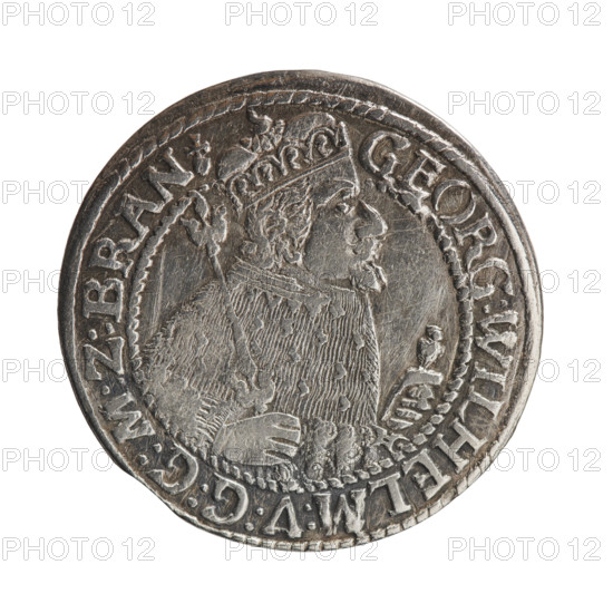 Obv. Bust facing right in mitre and electoral mantle. A sceptre in his right hand, the left resting on a sword hilt. The figure's head divides the inner border. On the rim between the borders is an inscription ending with a heart GEORG:WILHELM:V:G:G:M:Z:BRAN. Rev. Below the ducal mitre, a five-field coat of arms with ornaments. On the sides of the shield are the numerals of the dates 2-4. In the rim between the borders an inscription divided by a mitre D:H:R:R:ERT:C:V:CHVRF:I:P:Z:G:C:B:H:. 1624. Duke of Prussia (1525–1701), Königsberg. Coin: diameter 33.0 mm, weight 5.98 g, axis 0°.
