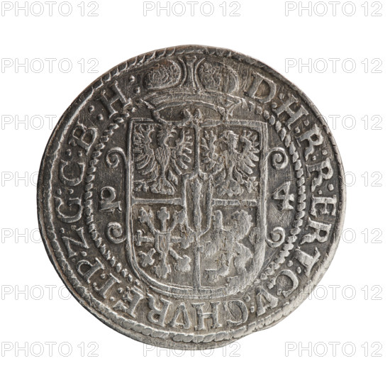 Obv. Bust facing right in mitre and electoral mantle. A sceptre in his right hand, the left resting on a sword hilt. The figure's head divides the inner border. On the rim between the borders is an inscription ending with a heart GEORG:WILHELM:V:G:G:M:Z:BRAN. Rev. Below the ducal mitre, a five-field coat of arms with ornaments. On the sides of the shield are the numerals of the dates 2-4. In the rim between the borders an inscription divided by a mitre D:H:R:R:ERT:C:V:CHVRF:I:P:Z:G:C:B:H:. 1624. George William Hohenzollern (Elector of Brandenburg; Duke of Prussia; 1620–1640). Ducal Prussia (1525–1701), Königsberg. Coin; diameter 33.0 mm; weight 5.98 g; axis 0°.