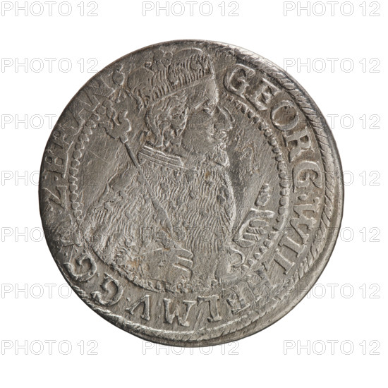 Obv. Bust facing right in mitre and electoral mantle. A sceptre in his right hand, the left resting on a sword hilt. The figure's head divides the inner border. On the rim between the borders is an inscription ending with a heart GEORG:WILHELM:VG:G:, :Z:BRAN Rev. Below the ducal mitre, a five-field coat of arms with ornaments. On the sides of the shield are the date numerals 2-4. In the rim between the borders, an inscription divided by a mitre D.H, RRERTZ.CVCHVRF.IPZGCBH, 1624. George William Hohenzollern (Elector of Brandenburg; Duke of Prussia; 1620–1640). Ducal Prussia (1525–1701), Königsberg. Coin; diameter 32.0 mm; weight 6.35 g; axis 0°.