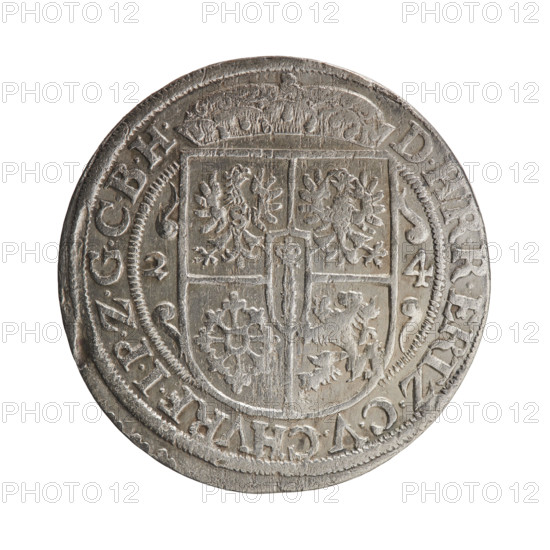 Obv. Bust facing right in mitre and electoral mantle. A sceptre in his right hand, the left resting on a sword hilt. The figure's head divides the inner border. On the rim between the borders is an inscription ending with a heart GEORG:WILHELM:VG:G:, :Z:BRAN. Rev. Below the ducal mitre, a five-field coat of arms with ornaments. On the sides of the shield are the date numerals 2-4. In the rim between the borders, an inscription divided by a mitre D.H, RRERTZ.CVCHVRF.IPZGCBH, 1624. George William Hohenzollern (Elector of Brandenburg; Duke of Prussia; 1620–1640). Ducal Prussia (1525–1701), Königsberg. Coin: diameter 32.0 mm, weight 6.35 g, axis 0°.