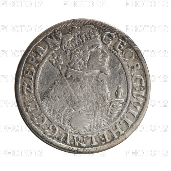 Obv. Bust facing right in mitre and electoral mantle. A sceptre in his right hand, the left resting on a sword hilt. The figure's head divides the inner border. On the rim between the borders is an inscription ending with a heart GEORG:WILHELM:V:G:G:M:Z:BRAN. Rev. Below the ducal mitre, a five-field coat of arms with ornaments. On the sides of the shield are the numerals of the dates 2-4. In the rim between the borders an inscription divided by a mitre D:H:R:R:ERT:C:V:CHVRF:I:P:Z:G:C:B:H. 1624. George William Hohenzollern (Elector of Brandenburg; Duke of Prussia; 1620–1640). Ducal Prussia (1525–1701), Königsberg. Coin: diameter 33.0 mm, weight 6.81 g, axis 0°.
