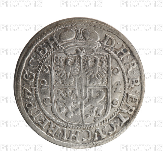 Obv. Bust facing right in mitre and electoral mantle. A sceptre in his right hand, the left resting on a sword hilt. The figure's head divides the inner border. On the rim between the borders is an inscription ending with a heart GEORG:WILHELM:V:G:G:M:Z:BRAN. Rev. Below the ducal mitre, a five-field coat of arms with ornaments. On the sides of the shield are the numerals of the dates 2-4. In the rim between the borders an inscription divided by a mitre D:H:R:R:ERT:C:V:CHVRF:I:P:Z:G:C:B:H. 1624. George William Hohenzollern (Elector of Brandenburg; Duke of Prussia; 1620–1640). Ducal Prussia (1525–1701), Königsberg. Coin; diameter 33.0 mm; weight 6.81 g; axis 0°.