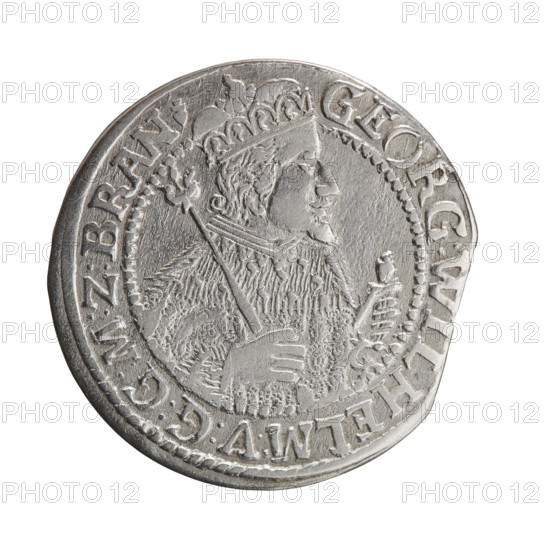 Obv. Bust facing right in mitre and electoral mantle. A sceptre in his right hand, the left resting on a sword hilt. The figure's head divides the inner border. On the rim between the borders is an inscription ending with a heart GEORG:WILHELM:V:G:G:M:Z:BRAN. Rev. Below the ducal mitre, a five-field coat of arms with ornaments. On the sides of the shield are the numerals of the dates 2-4. In the rim between the borders an inscription divided by a mitre D:H:R:R:ERT:C:V:CHVRF:I:P:, C:B:H:, 1624. George William Hohenzollern (Elector of Brandenburg; Duke of Prussia; 1620–1640). Ducal Prussia (1525–1701), Königsberg. Coin; diameter 30.0 mm; weight 5.76 g; axis 0°. Maker: Ernest Pfahler. Coats of arms; male bust in armor; iconography.