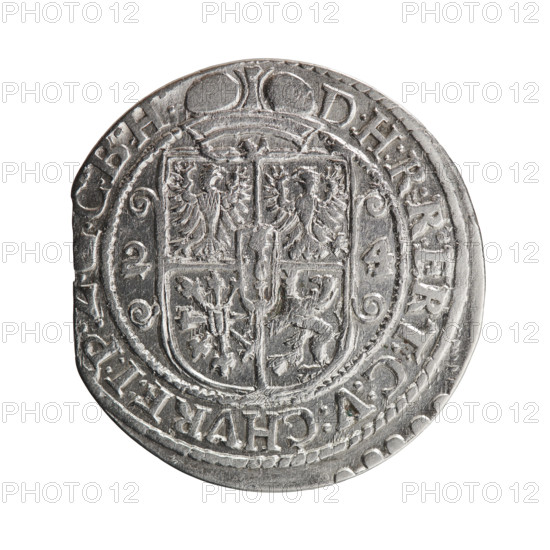 Obv. Bust facing right in mitre and electoral mantle. A sceptre in his right hand, the left resting on a sword hilt. The figure's head divides the inner border. On the rim between the borders is an inscription ending with a heart GEORG:WILHELM:V:G:G:M:Z:BRAN. Rev. Below the ducal mitre, a five-field coat of arms with ornaments. On the sides of the shield are the numerals of the dates 2-4. In the rim between the borders an inscription divided by a mitre D:H:R:R:ERT:C:V:CHVRF:I:P:, C:B:H:, 1624. George William Hohenzollern (Elector of Brandenburg; Duke of Prussia; 1620–1640). Ducal Prussia (1525–1701), Königsberg. Coin: diameter 30.0 mm, weight 5.76 g, axis 0°. Maker: Pfahler, Ernest. Materials: coin. Iconography: coats of arms, male busts in armor.