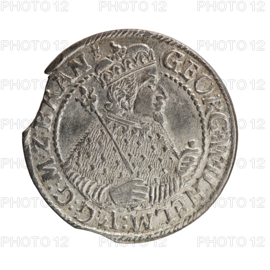 Obv. Bust facing right in mitre and electoral mantle. A sceptre in his right hand, the left resting on a sword hilt. The figure's head divides the inner border. On the rim between the borders is an inscription ending with a heart GEORG:WILHELM:V:G:G:M:Z:BRAN. Rev. Below the ducal mitre, a five-field coat of arms with ornaments. On the sides of the shield are the numerals of the dates 2-4. In the rim between the borders an inscription divided by a mitre D:H:R:, ERT:C:V, HVRF:I:P:Z:G:C:B:H, 1624. George William Hohenzollern (Elector of Brandenburg; Duke of Prussia; 1620–1640). Königsberg, Ducal Prussia (1525–1701). Coin: diameter 34.0 mm, weight 6.06 g, axis 0°.