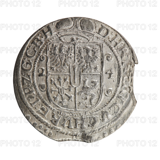 Obv. Bust facing right in mitre and electoral mantle. A sceptre in his right hand, the left resting on a sword hilt. The figure's head divides the inner border. On the rim between the borders is an inscription ending with a heart GEORG:WILHELM:V:G:G:M:Z:BRAN. Rev. Below the ducal mitre, a five-field coat of arms with ornaments. On the sides of the shield are the numerals of the dates 2-4. In the rim between the borders an inscription divided by a mitre D:H:R:, ERT:C:V, HVRF:I:P:Z:G:C:B:H, 1624. George William Hohenzollern (Elector of Brandenburg; Duke of Prussia; 1620–1640). Königsberg, Ducal Prussia (1525–1701). Coin; diameter 34.0 mm; weight 6.06 g; axis 0°; coats of arms; male bust in armor; iconography.