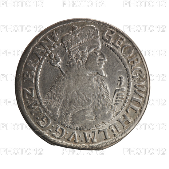 Obv. Bust facing right in mitre and electoral mantle. A sceptre in the right hand, the left resting on a sword hilt. The figure's head divides the inner border. On the rim between the borders is an inscription ending with a heart GEORG:WILHELM:V:G:G:M:Z BRAN. Under the ducal mitre, a five-field coat of arms with ornaments. On the sides of the shield, date numerals 2-4. In the rim between the rims, an inscription divided by the mitre D:H:R:R:ERT:C:V:CHVRF:I:P:Z:G:C:B:H, 1624. Ducal Prussia (1525–1701), Königsberg; coin: diameter 34.0 mm, weight 6.85 g, axis 0°.