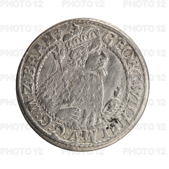 Obv. Bust facing right in mitre and electoral mantle. A sceptre in his right hand, the left resting on a sword hilt. The figure's head divides the inner border. On the rim between the borders is an inscription ending with a heart GEORG:WILHELM:V:G:G:M:Z:BRAN. Rev. Below the ducal mitre, a five-field coat of arms with ornaments. On the sides of the shield are the numerals of the dates 2-4. In the rim between the borders an inscription divided by a mitre and ending with a trefoil D:H:R:R:ERT:C:V:CHVRF:I:P:Z:G:C:B:H. 1624. George William, Elector of Brandenburg; Duke of Prussia (1620–1640). Ducal Prussia (1525–1701), Königsberg. Coin; diameter 33.0 mm; weight 6.66 g; axis 0°.