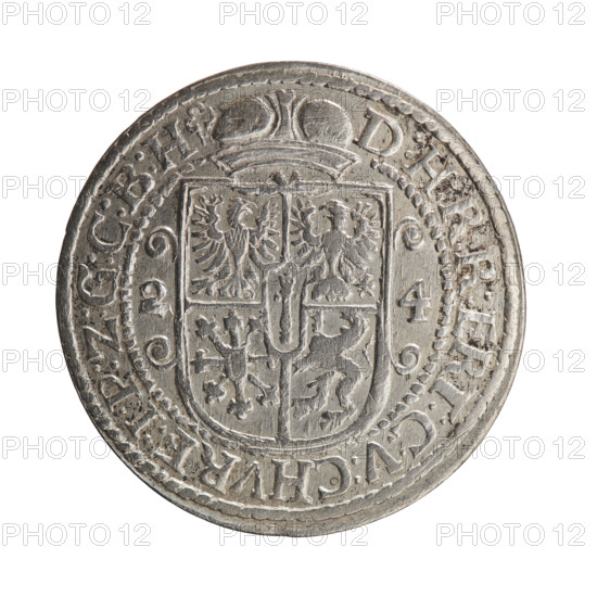 Obv. Bust facing right in mitre and electoral mantle. A sceptre in his right hand, the left resting on a sword hilt. The figure's head divides the inner border. On the rim between the borders is an inscription ending with a heart GEORG:WILHELM:V:G:G:M:Z:BRAN. Rev. Below the ducal mitre, a five-field coat of arms with ornaments. On the sides of the shield are the numerals of the dates 2-4. In the rim between the borders an inscription divided by a mitre and ending with a trefoil D:H:R:R:ERT:C:V:CHVRF:I:P:Z:G:C:B:H. 1624. George William Hohenzollern (Elector of Brandenburg; Duke of Prussia; 1620–1640). Ducal Prussia (1525–1701), Königsberg. Coin; diameter 33.0 mm; weight 6.66 g; axis 0°.