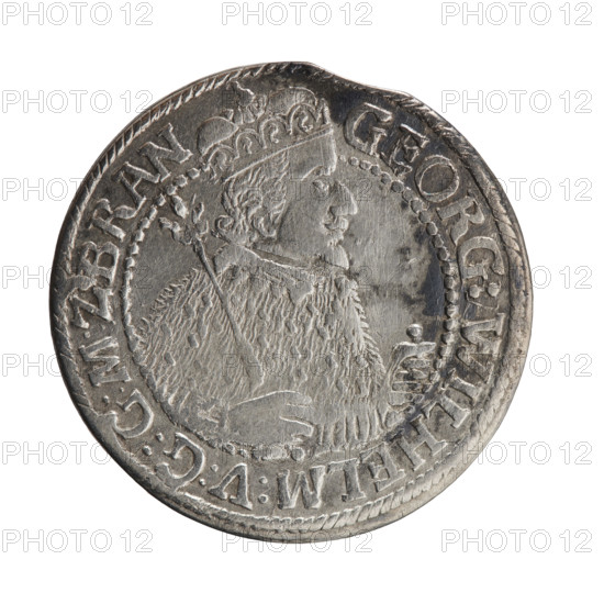 Obv. Bust facing right in mitre and electoral mantle. A sceptre in his right hand, the left resting on a sword hilt. The figure's head divides the inner border. In the rim between the borders is the inscription GEORG:WILHELM:V:G:G:M:Z, BRAN Rw. Below the ducal mitre is a five-field coat of arms with ornaments. On the sides of the shield are the date numerals 2-4. In the rim between the borders an inscription divided by a mitre D:H:R:R:ERT:C:V:CHVRF:I:P:Z:G:C:B:H:, 1624, Ducal Prussia (1525-1701), Königsberg, coin; diameter 35.0 mm, weight 6.86 g, axis 0 deg.