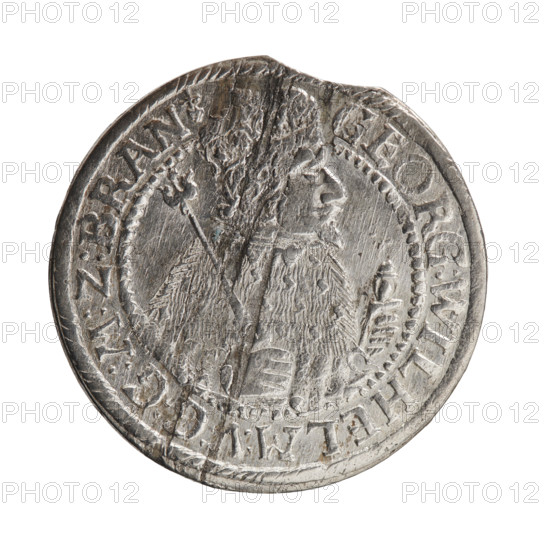 Obv. Bust facing right in mitre and electoral mantle. A sceptre in his right hand, the left resting on a sword hilt. The figure's head divides the inner border. On the rim between the borders is an inscription ending with a heart GEORG:WILHELM:V:G:G:M:Z:BRAN. Rev. Below the ducal mitre, a five-field coat of arms with ornaments. On the sides of the shield are the numerals of the dates 2-4. In the rim between the borders, an inscription divided by a mitre D.HRRERTZ.CVCHVRF.IPZGCB, 1624. George William Hohenzollern (Elector of Brandenburg; Duke of Prussia; 1620–1640). Ducal Prussia (1525–1701), Königsberg; coin: diameter 34.0 mm, weight 7.04 g, axis 0°.
