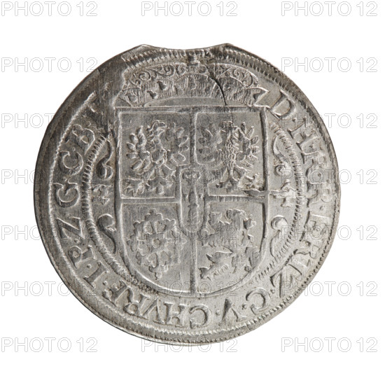 Obv. Bust facing right in mitre and electoral mantle. A sceptre in his right hand, the left resting on a sword hilt. The figure's head divides the inner border. On the rim between the borders is an inscription ending with a heart GEORG:WILHELM:V:G:G:M:Z:BRAN. Rev. Below the ducal mitre, a five-field coat of arms with ornaments. On the sides of the shield are the numerals of the dates 2-4. In the rim between the borders, an inscription divided by a mitre D.HRRERTZ.CVCHVRF.IPZGCB. 1624. George William Hohenzollern (Elector of Brandenburg; Duke of Prussia; 1620–1640). Ducal Prussia (1525–1701), Königsberg. Coin: diameter 34.0 mm, weight 7.04 g, axis 0°. Coats of arms, male bust in armor; iconography.