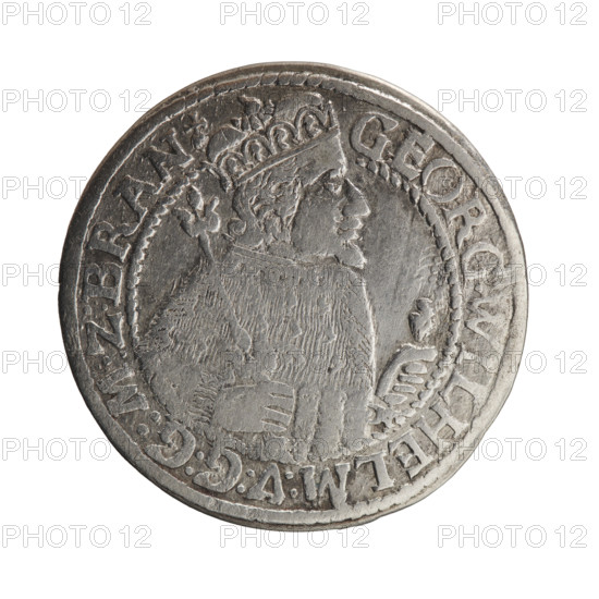 Male bust in armor with coats of arms, George William Hohenzollern (Elector of Brandenburg; Duke of Prussia; 1620–1640) — iconography. Obverse: Bust facing right in mitre and electoral mantle; a sceptre in his right hand, left resting on a sword hilt; the figure's head divides the inner border. On the rim between the borders an inscription ending with a heart GEORG, WILHELM:V:G:G:M:Z:BRAN. Reverse: Below the ducal mitre, a five-field coat of arms with ornaments; date numerals 2–4 on the sides of the shield. In the rim between the borders an inscription divided by a mitre :D:H:R:R:ERT:C, V:CHVRF:I:P:Z:G:C:, :H:, 1624. Ducal Prussia (1525–1701), Königsberg; coin; diameter 33.0 mm; weight 7.04 g; axis 0°.