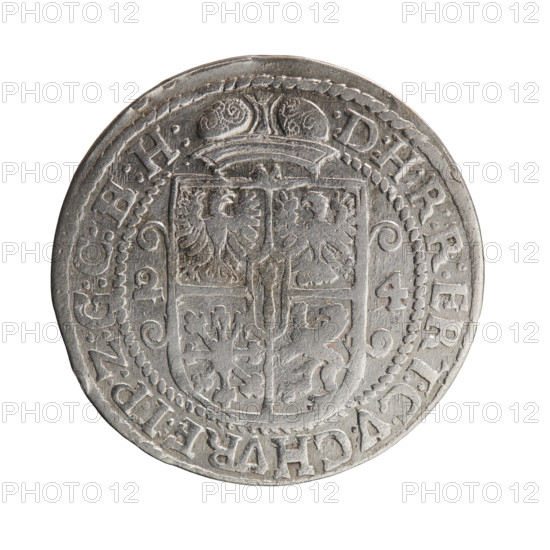 Obv.: Male bust facing right in mitre and electoral mantle, holding a sceptre in his right hand and left resting on a sword hilt; head divides the inner border. Rim between borders bears inscription ending with a heart GEORG, WILHELM:V:G:G:M:Z:BRAN. Rev.: Below the ducal mitre, a five-field coat of arms with ornaments; date numerals 2-4 on the sides of the shield. Rim between borders bears inscription divided by a mitre :D:H:R:R:ERT:C, V:CHVRF:I:P:Z:G:C:, :H:, 1624. George William Hohenzollern (Elector of Brandenburg; Duke of Prussia; 1620–1640) — Ducal Prussia (1525–1701), Königsberg. Coin; diameter 33.0 mm; weight 7.04 g; axis 0°.