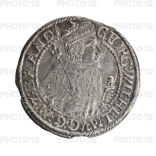 Obv. Bust facing right in mitre and electoral mantle. A sceptre in his right hand, the left resting on a sword hilt. The figure's head divides the inner border. On the rim between the borders is an inscription ending with a heart GEORG:WILHELM:V:G:G:M:Z:BRAND. Rev. Below the ducal mitre, a five-field coat of arms with ornaments. On the sides of the shield are the numerals of the dates 2-4. In the rim between the borders an inscription divided by a mitre D:H:R:R:ERT, C:V:CHVRF:I:P:Z:G:C:B:H. 1624. George William Hohenzollern (Elector of Brandenburg; Duke of Prussia; 1620–1640). Ducal Prussia (1525–1701), Königsberg. Coin: diameter 35.0 mm, weight 6.41 g, axis 0°.
