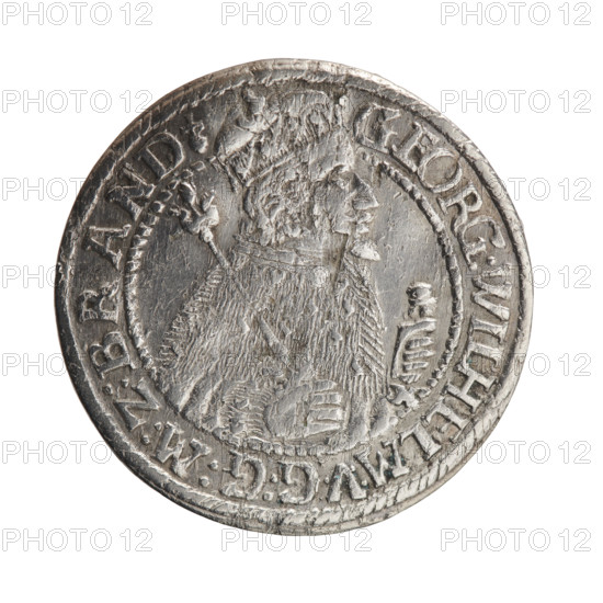 Obv. Bust facing right in mitre and electoral mantle. A sceptre in his right hand, the left resting on a sword hilt. The figure's head divides the inner border. On the rim between the borders is an inscription ending with a heart GEORG:WILHELM:V:G:G:M:Z:BRAND. Rev. Below the ducal mitre, a five-field coat of arms with ornaments. On the sides of the shield are the numerals of the dates 2-4. In the rim between the borders an inscription divided by a mitre, :H:R:R:ERT:C:V:CHVRF:I:P:Z:G:C:B:H, 1624. George William Hohenzollern (Elector of Brandenburg; Duke of Prussia; 1620–1640). Ducal Prussia (1525–1701), Königsberg. Coin: diameter 33.0 mm, weight 6.41 g, axis 0°. Materials: coin (metal).